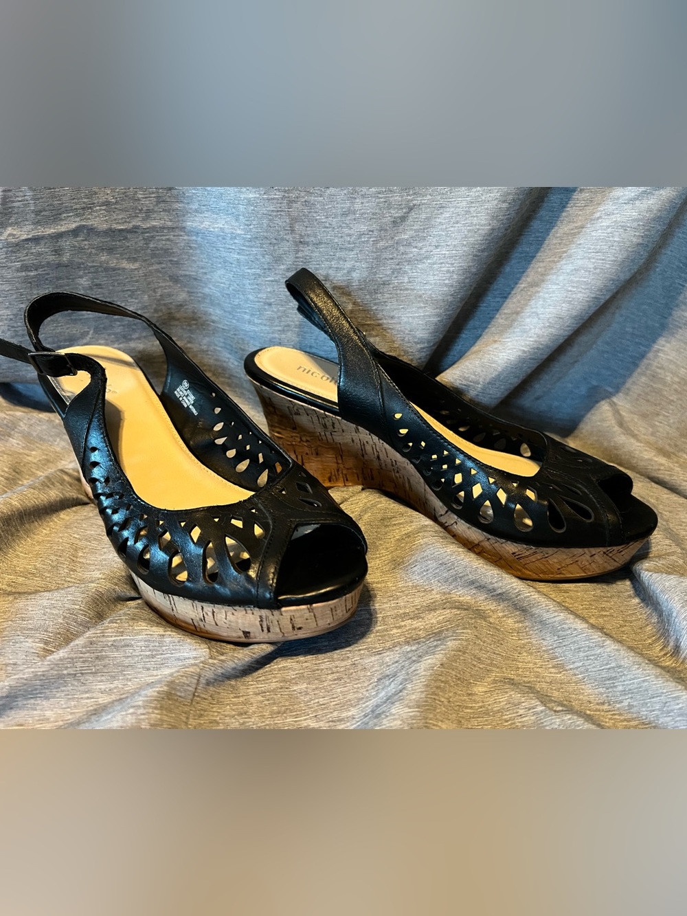 Black Cutout Cork Wedge Sandals - Women's